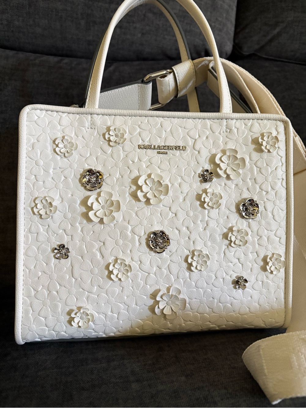 Karl Lagerfeld Cream Floral Appliqué Satchel
